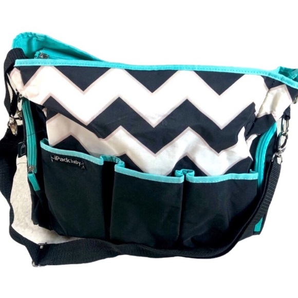 iPack baby black, white, & teal blue chevron babydiaper bag great used condition - Picture 4 of 9